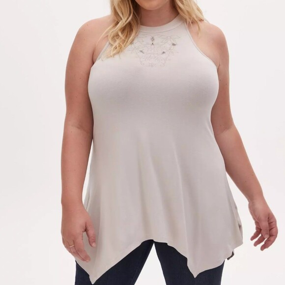 Torrid Tops - Torrid 3X Super Soft Ivory Embroidered Handkerchief High Neck Swing Tunic Tank